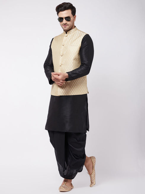 Vastramay Men's Black Silk Blend Jacket With Kurta Dhoti Set
